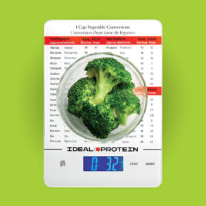 Ideal Protein Scale with broccoli being weighed.